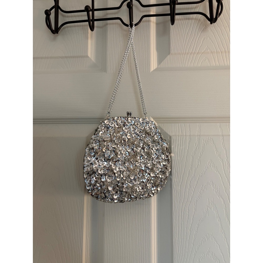 Silver Sequin Evening Bag Kiss Lock Clutch Prom Formal Chain Strap Handbag - Picture 2 of 3